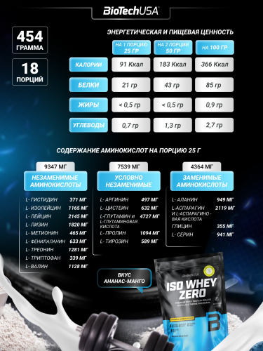 BioTechUSA Iso Whey Zero 454 г. (Ананас - манго)